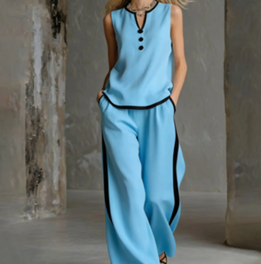 Women's Contrast Trim V-Neck Lounge Set - Sleeveless Wide Leg Pants Outfit - Mother's Day Gift