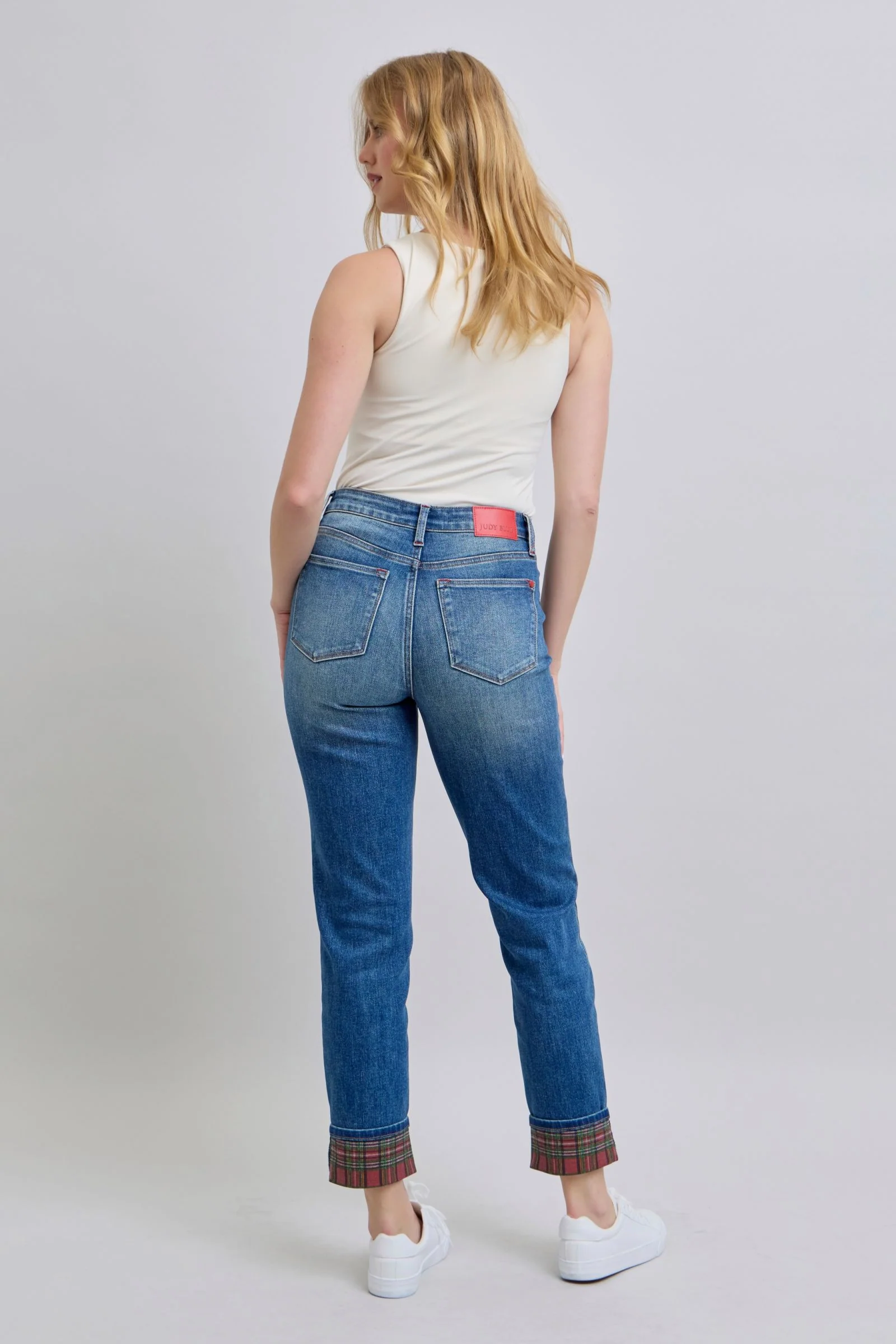 Blue Full Size Plaid Print Cuff Straight Leg Jeans with Pockets