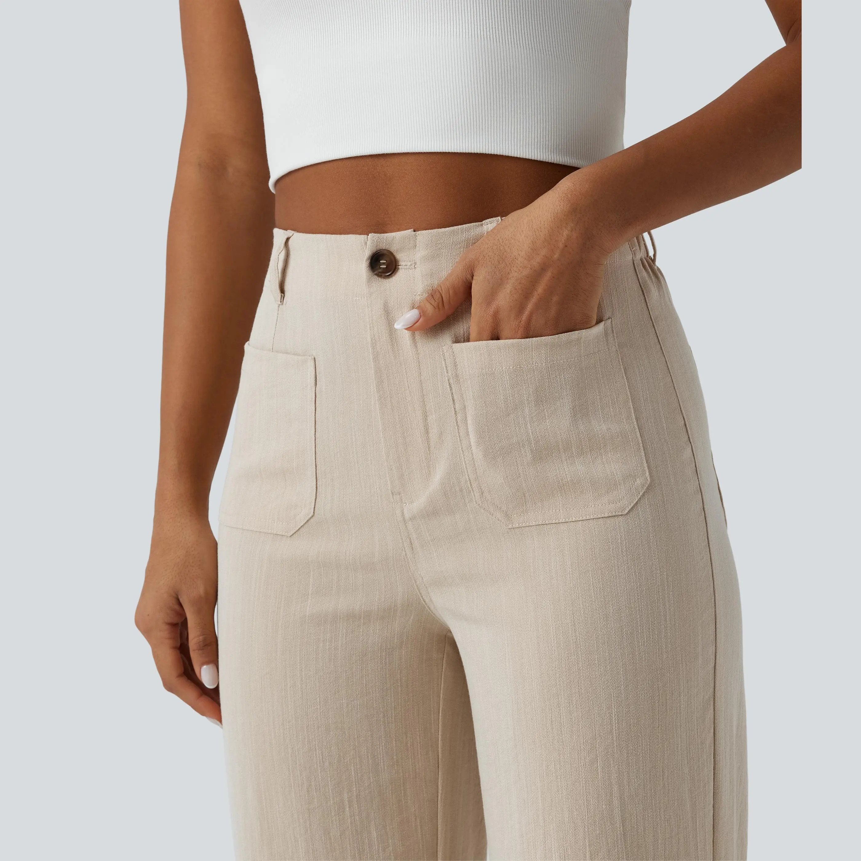 High-waisted straight-leg casual trousers with a linen-like texture