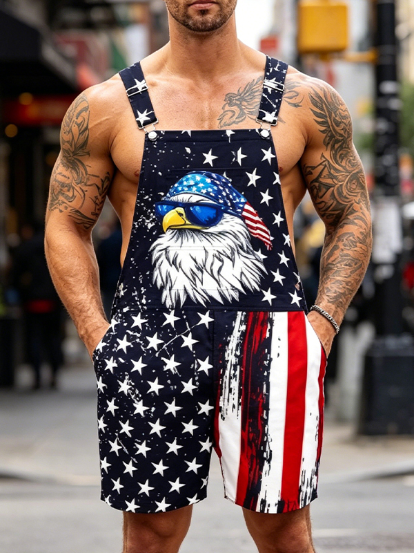 Men's Distressed Eagle Star Independence Day Print Shorts Overalls