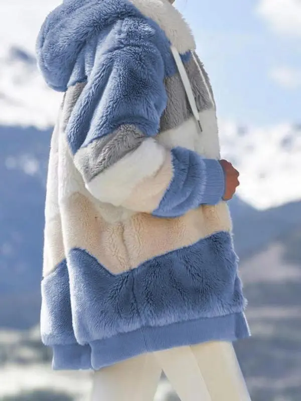 Women's Colorblock Drop Shoulder Hooded Polar Fleece Coat