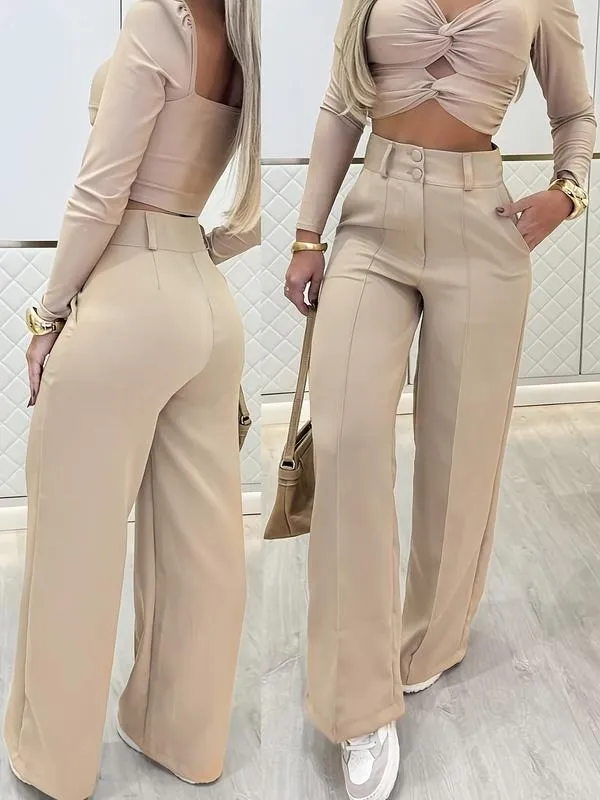 Women's Simple Wide-Leg Pants with Double Button Front