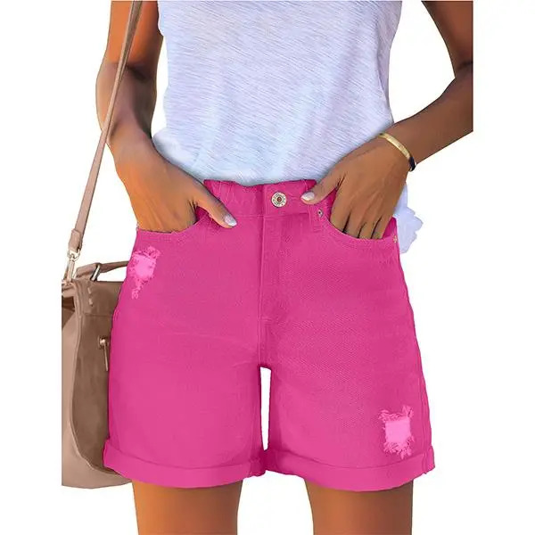 Women's Casual Distressed Denim Shorts – High-Waisted, Vintage-Wash, Cuffed Design
