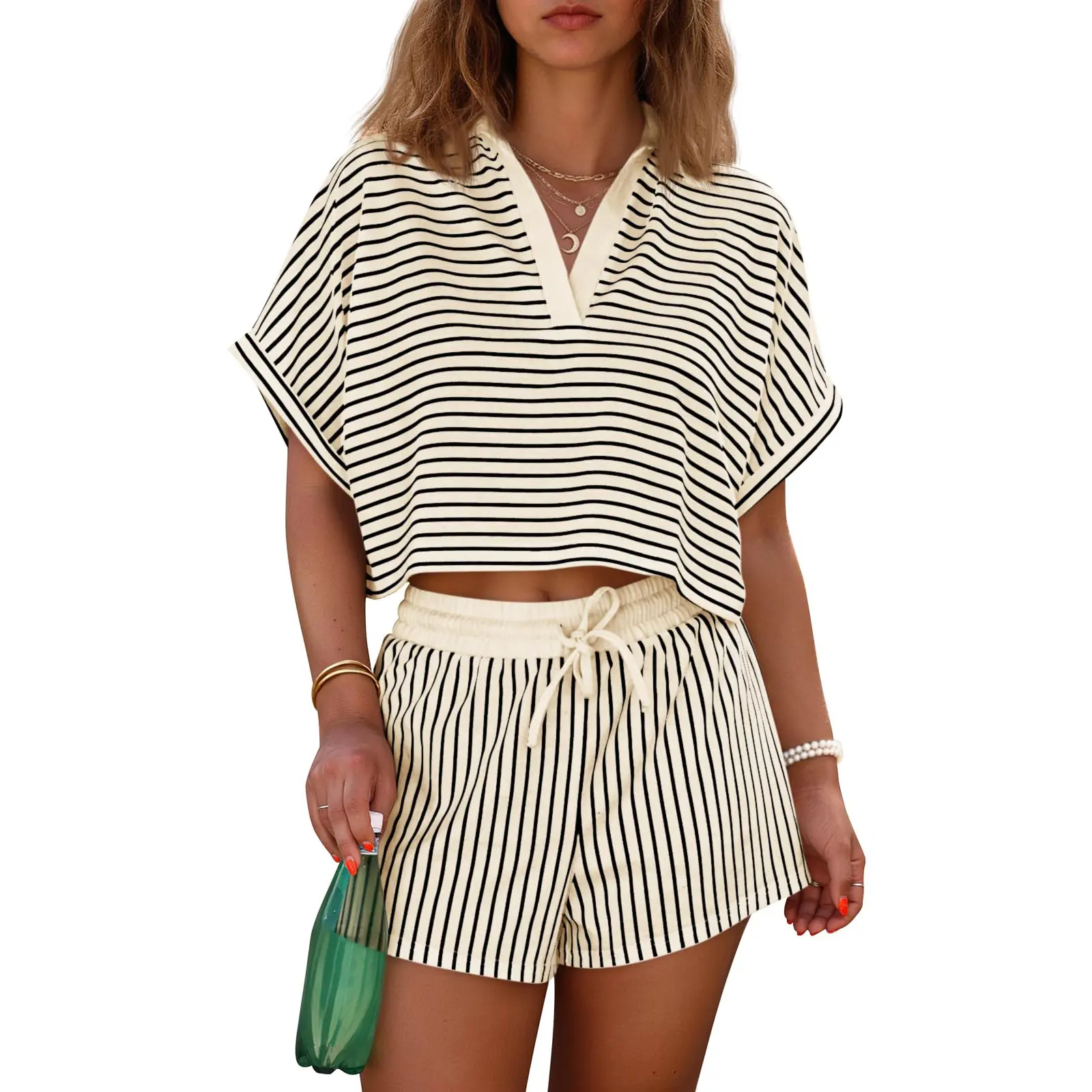 Womens Striped 2 Piece Short Sets