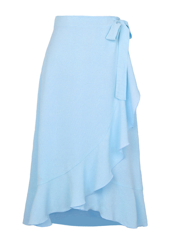 Waist Tie Solid Color Irregular Midi Flare Skirt