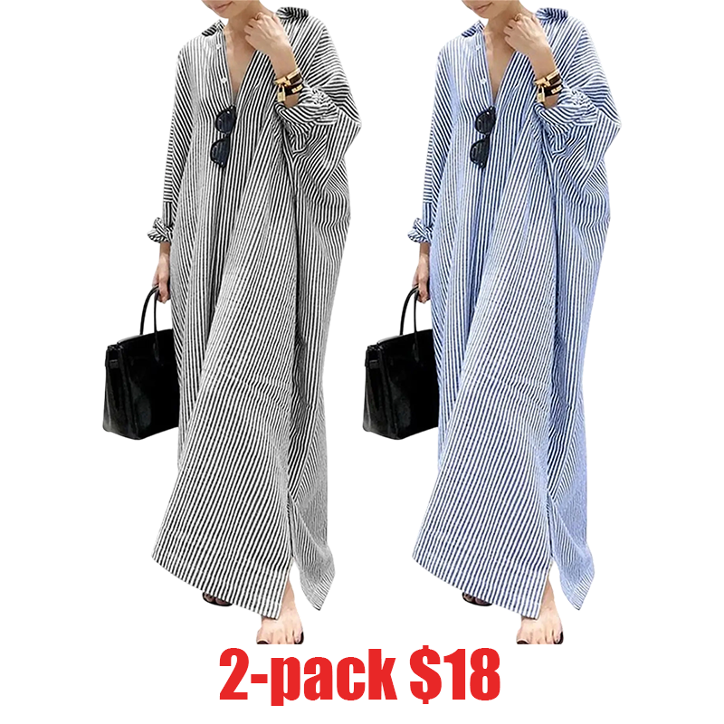 Women's Casual Long Sleeve Button Down Loose Striped Cotton Maxi Shirt Dress – Batwing Sleeves Breathable Lightweight Beach Caftan