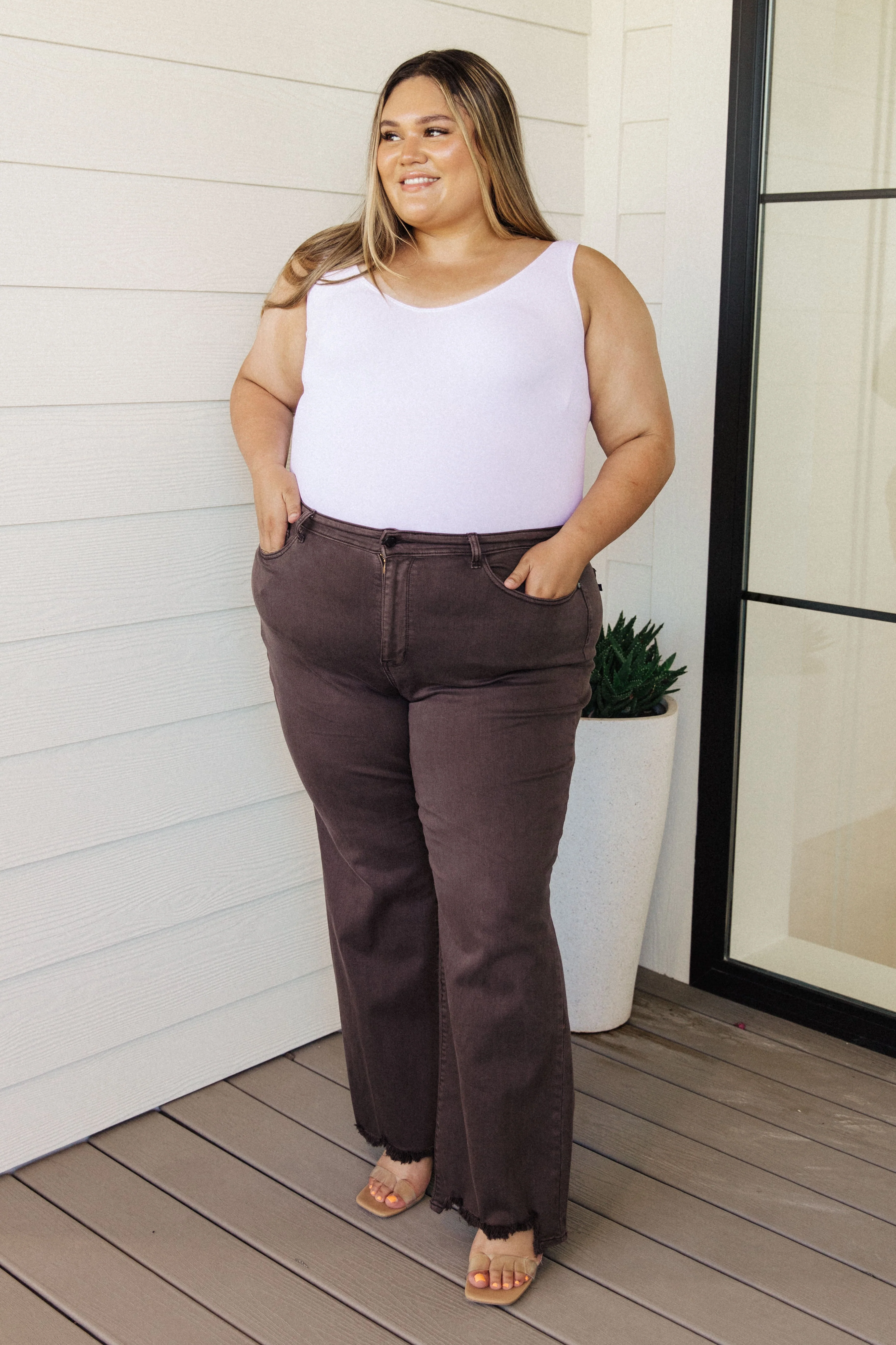 Blue Sybil High Rise Frayed Hem 90's Straight Jeans in Brown