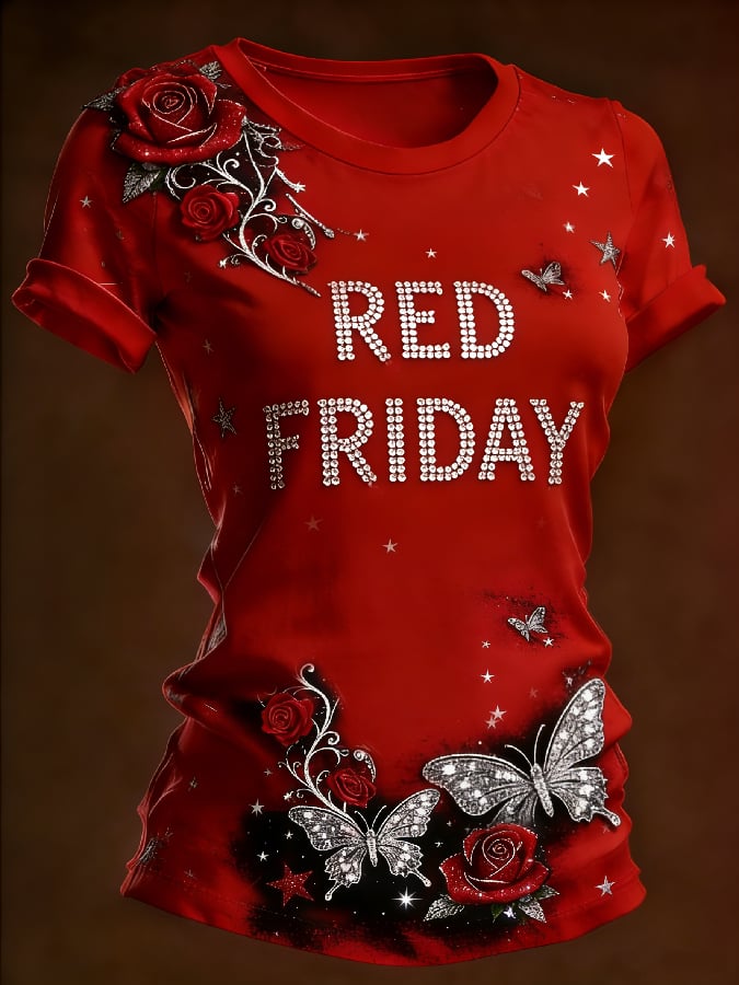 Women's Casual Red Friday Print Short-Sleeve T-Shirt
