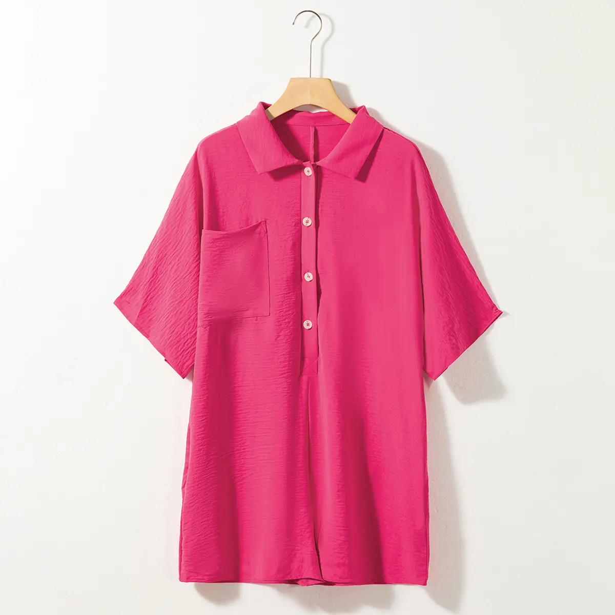 Women’s Minimalist Button Collar Romper – Casual Loose Fit Short Sleeve Pocket Jumpsuit