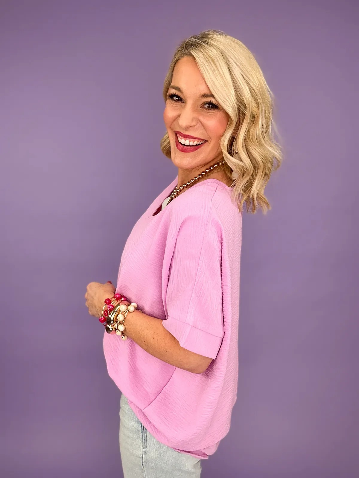 Women’s Textured V-Neck Loose-Fit Blouse