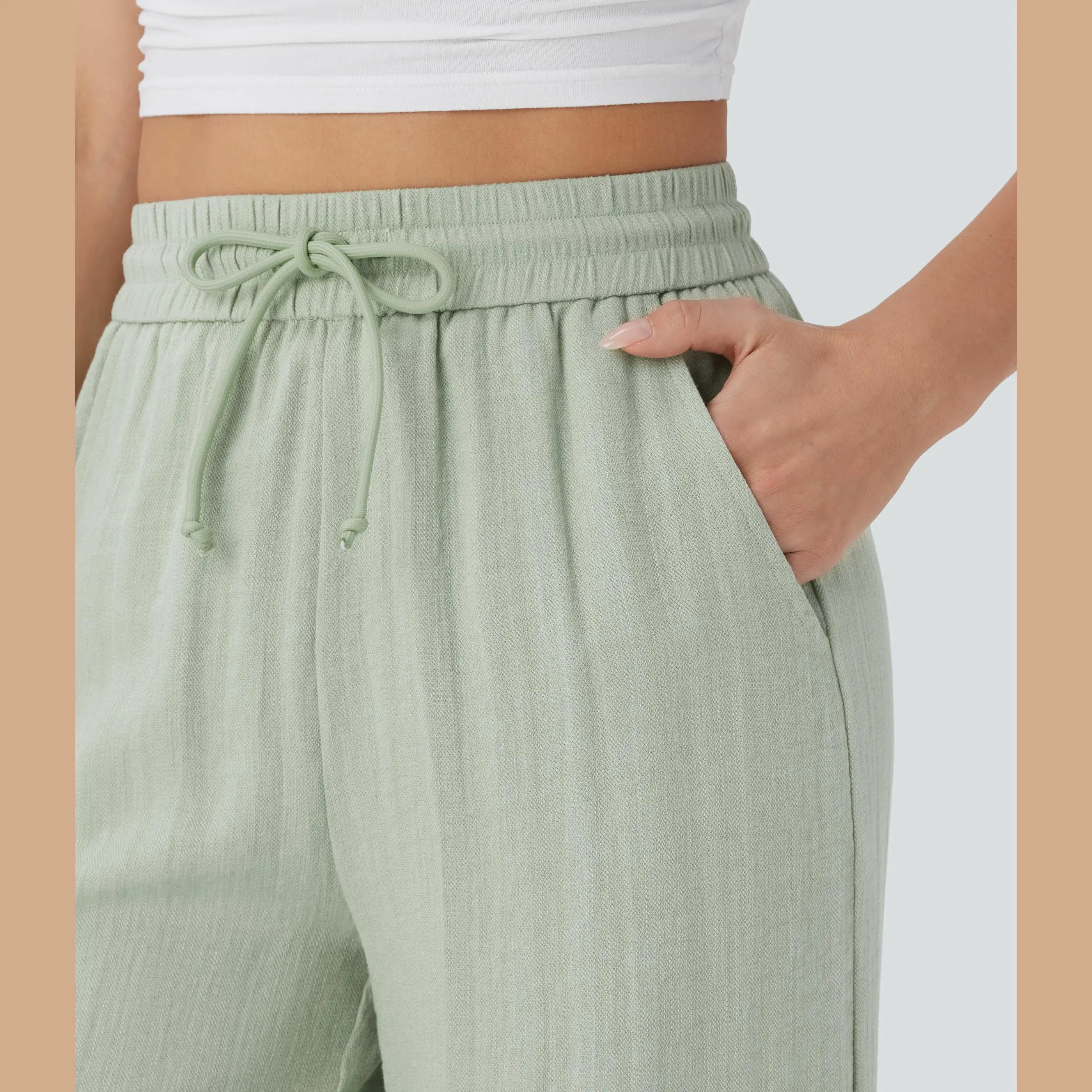 Women's High Waisted Drawstring Pocket Wide Leg Casual Linen-Feel Pants