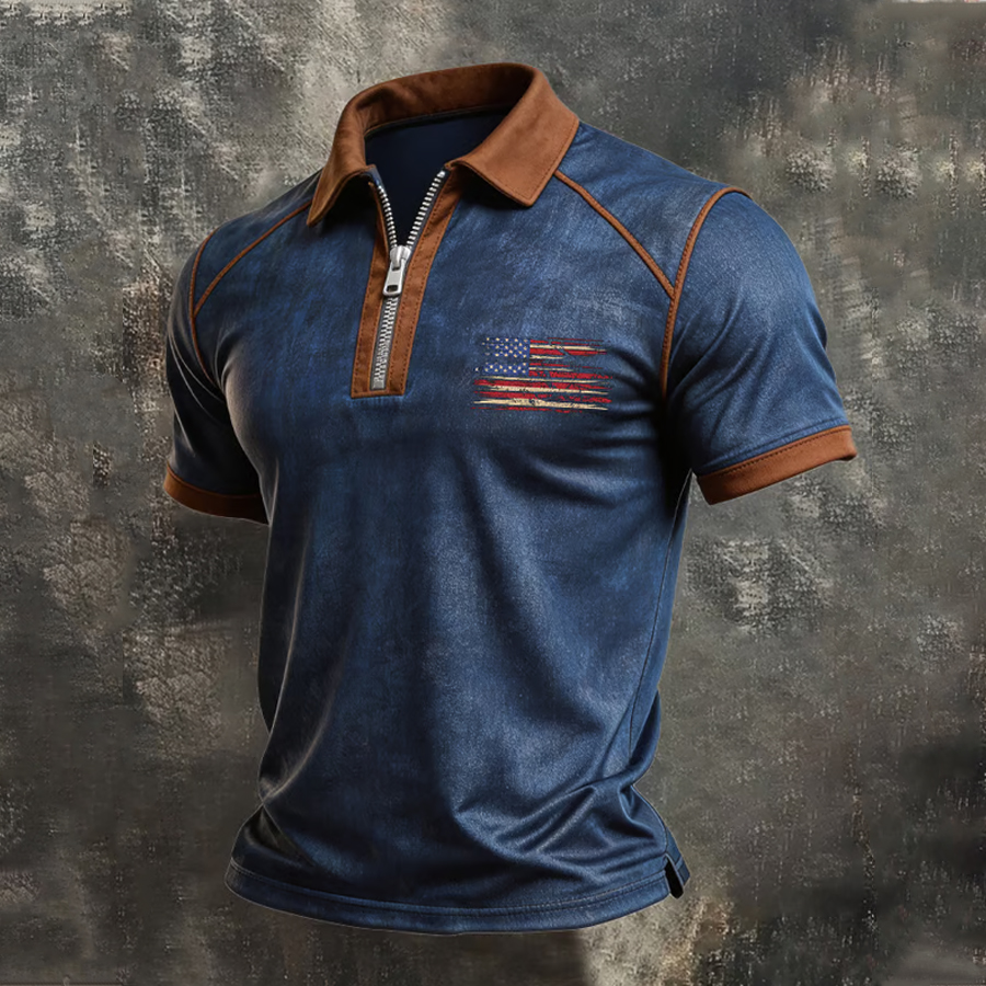 Men'S Retro Patriot Short Sleeve Half Zipper Polo Shirt