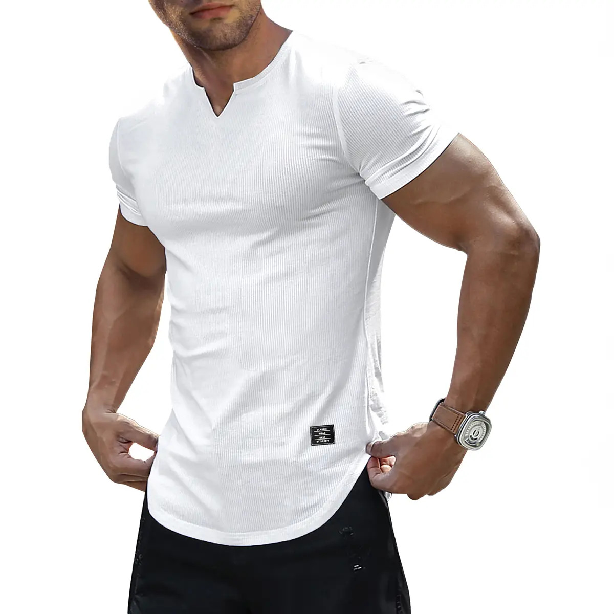 Men's Solid-Color Slim-Fit Long V-Neck T-Shirt