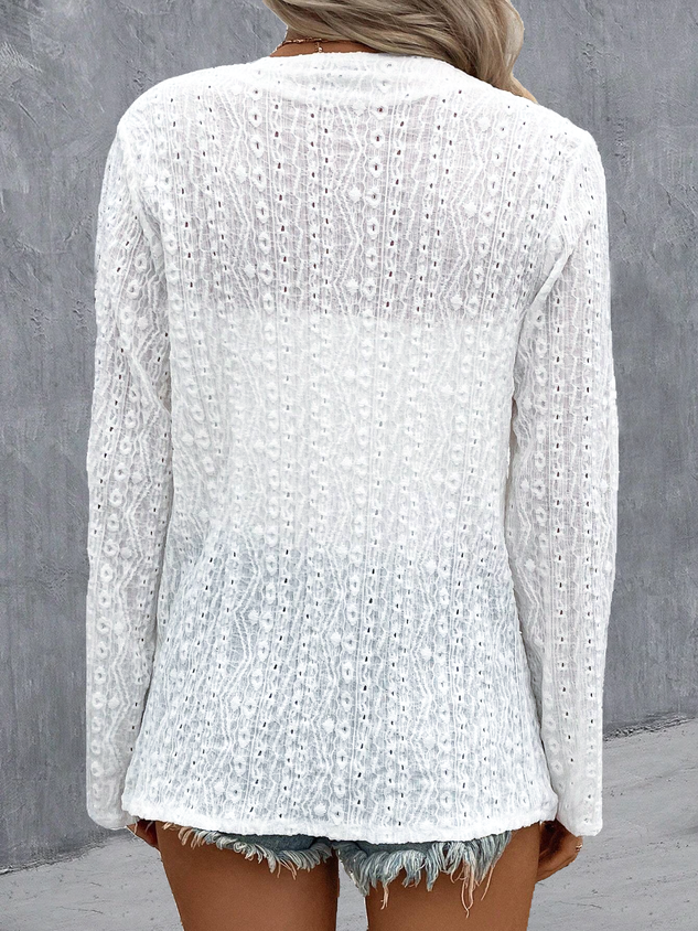 Plain Embroidery Hollow Out Casual Loose 3/4 Sleeve Jacket