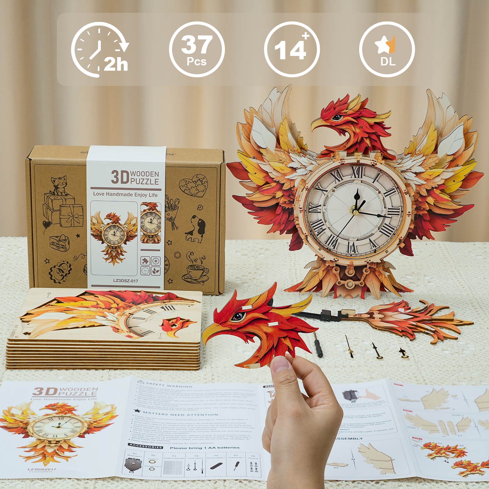 Phoenix– DIY Wooden Clock, 3D Puzzle Craft Kit