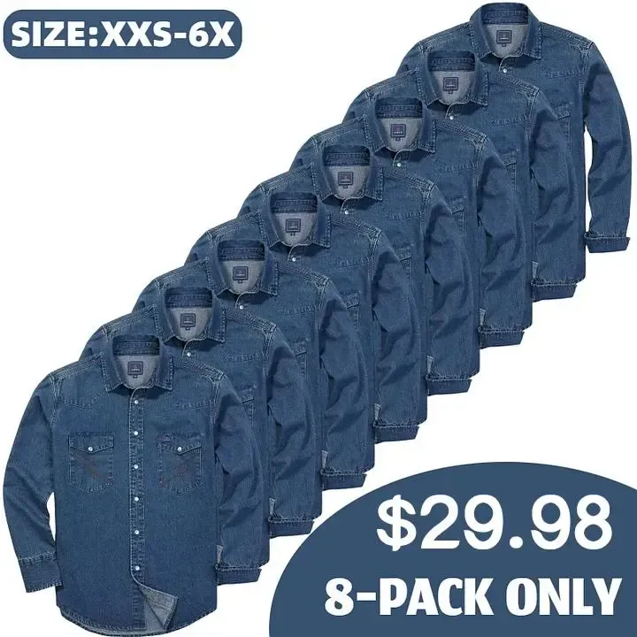 🔥🔥16-PACK-$38.8🔥Men's Long Sleeve Stone-Washed and Pre-Washed Denim Work Shirt