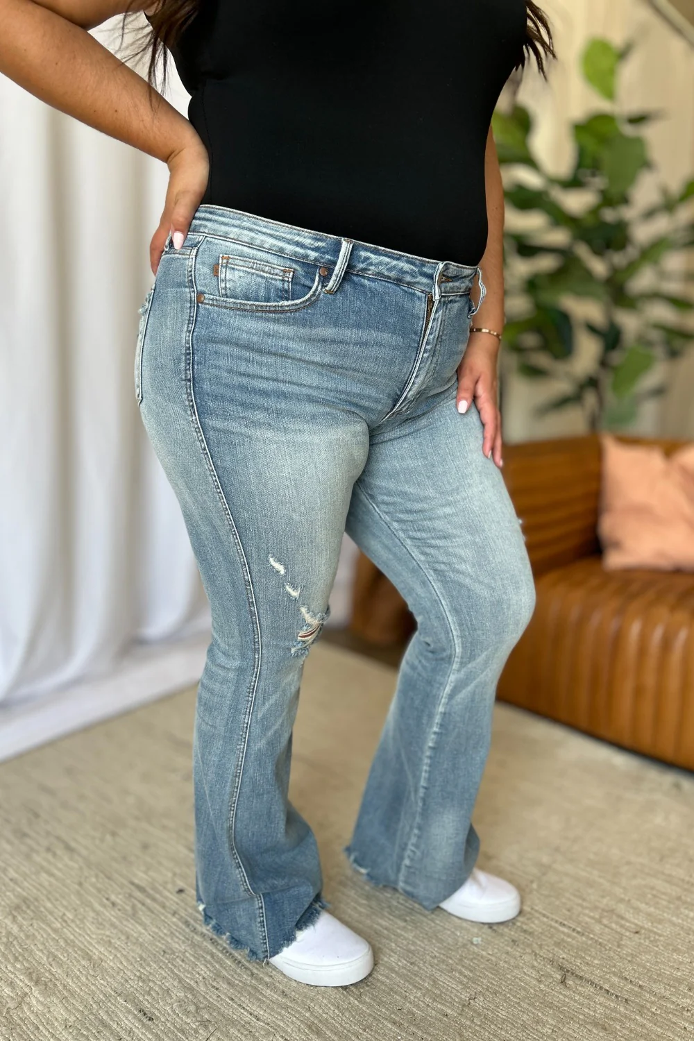 Blue Full Size Medium Rise Tummy Control Destroy Flare