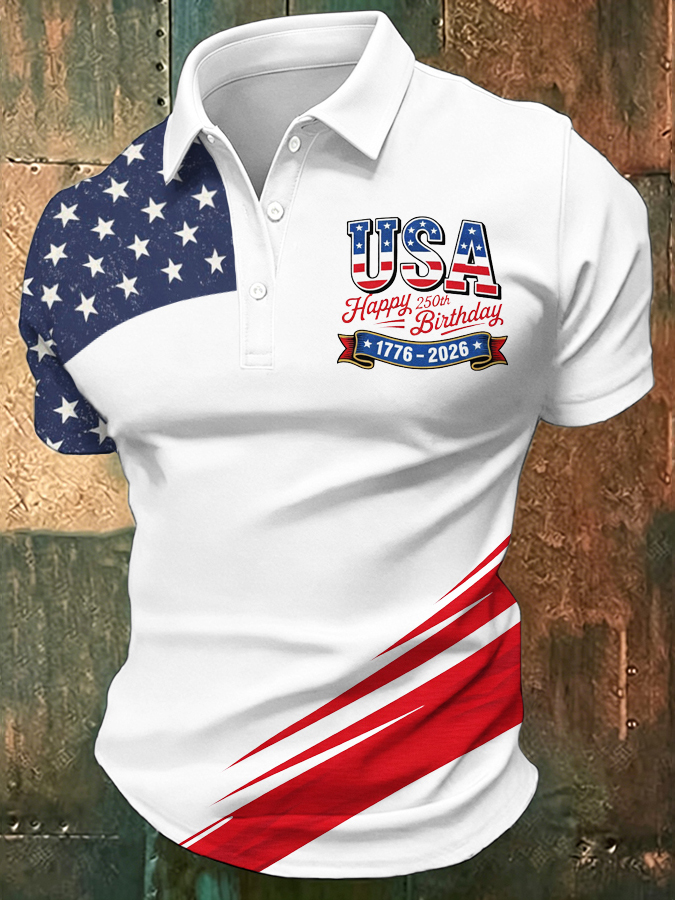 Men'S Retro American Patriots Independence Day 250Th Anniversary Commemorative Lapel Short Sleeved Shirt
