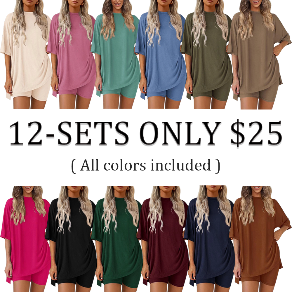Women’s Oversized Lounge Set-Breathable Crewneck Top & Pocket Shorts