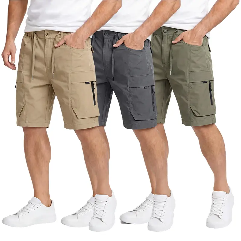 men’s casual cargo shorts with zippered pockets and a buttoned placket