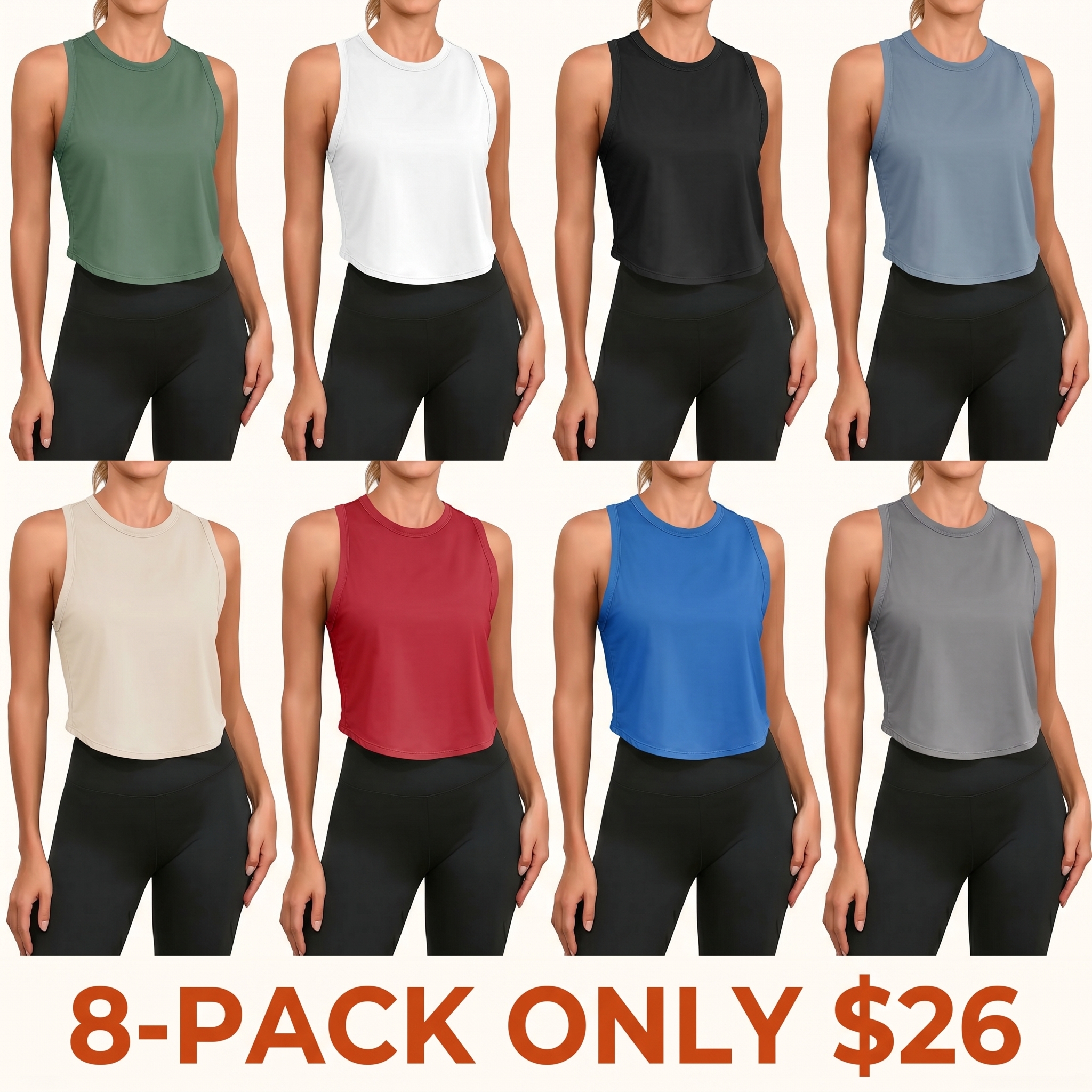 Women's Cropped Sports Tank Top — Racerback, Sleeveless, Crew Neck