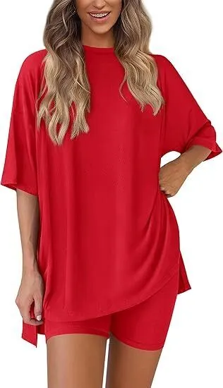 🔥Women's Two Piece Lounge Set Summer Casual Oversized Shirts Biker Shorts