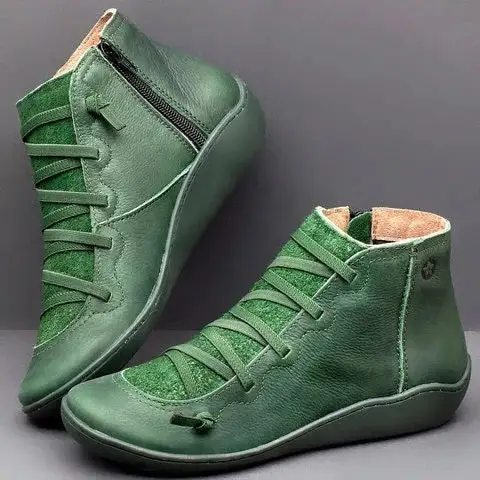 New Leather Ankle Boots Autumn Vintage Lace Up Women Shoes Comfortable Flat Heel Boots Female Zipper Short Boots Dropshipping