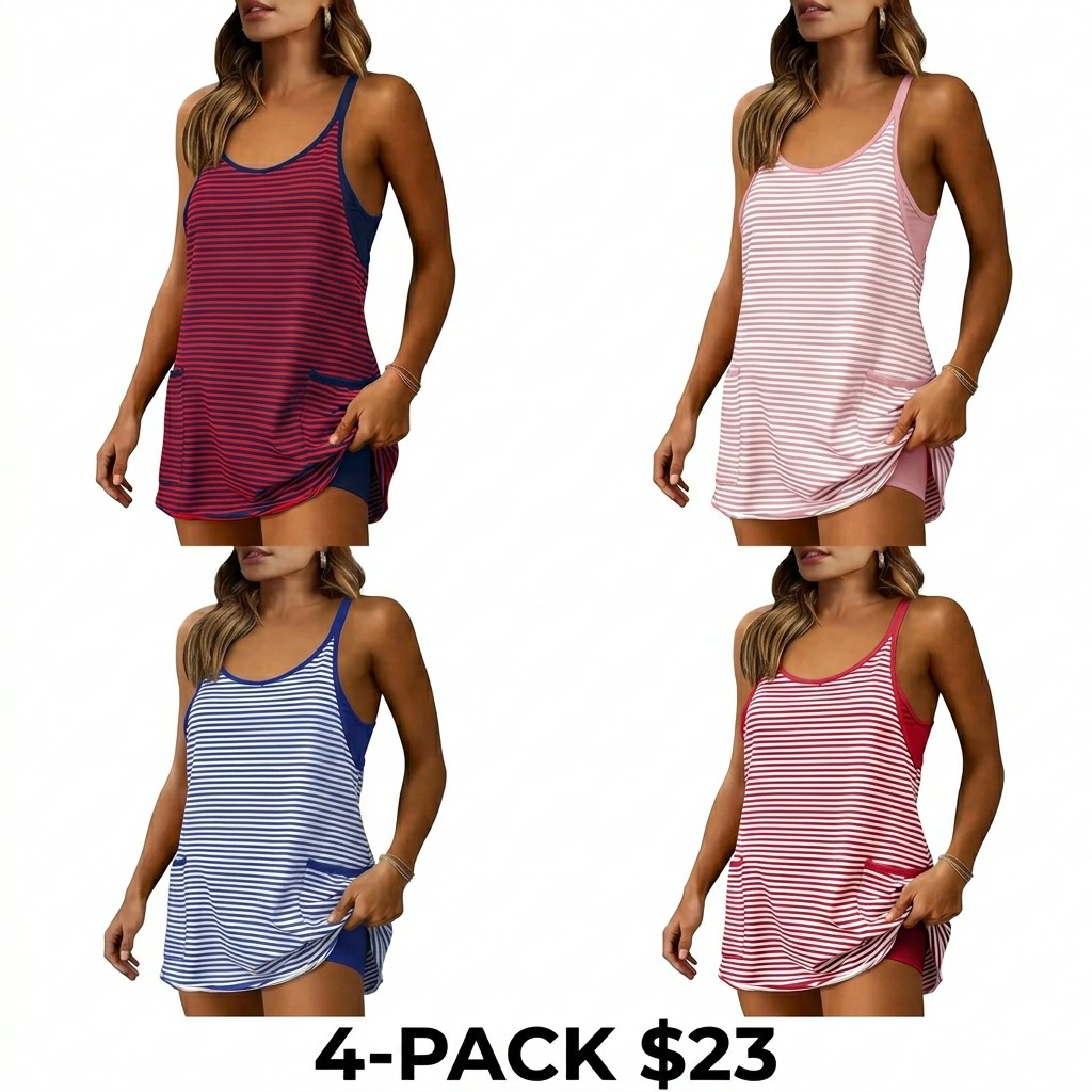 Women's 4th of July Striped Mini Dress – Built-in Shorts, Pockets, V Neck Spaghetti Strap