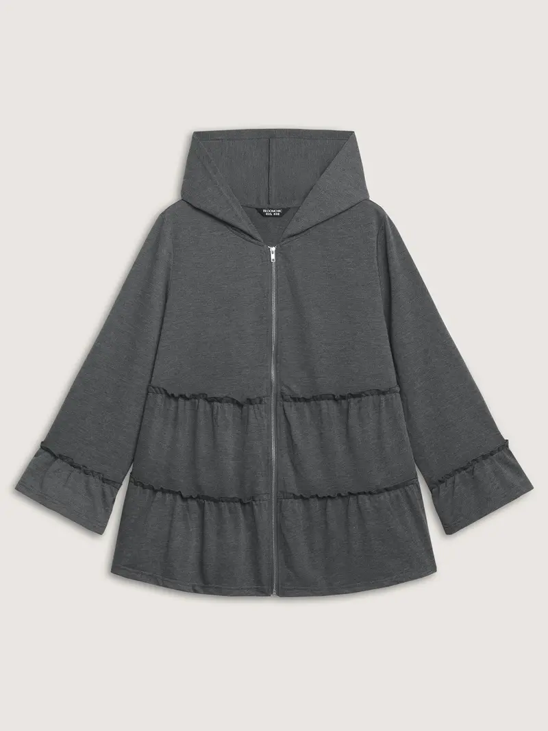 Women's Solid Dim Gray Polyester Quilted Puffer Coat - Fitted, Tiered Ruffled Edges, Zipper Closure, Pockets, Long Sleeves, Casual Clothes, Casualwear Outerwear