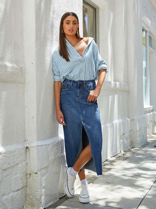 Front Slit Denim High Waist A Line Midi Skirt