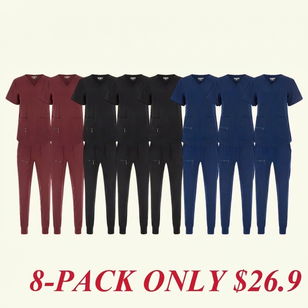 Women's Stretch Jogger Scrubs Set Solid V-Neck Nursing Uniform Quick Dry Breathable