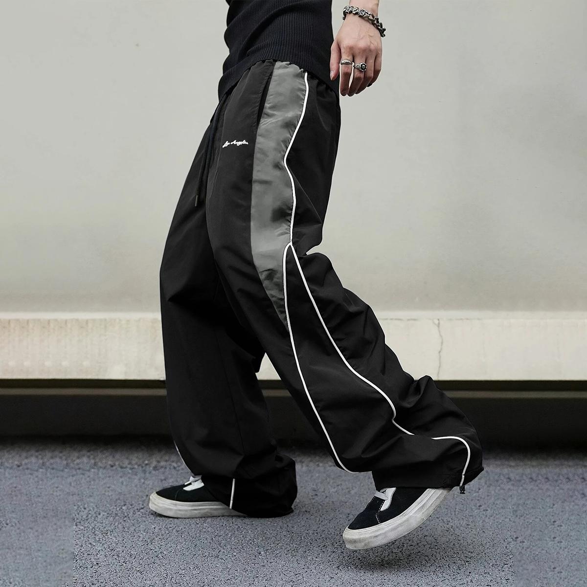 Men's High-Street Style Color-Block Spliced ​​Wide-Leg Pants with Side Stripes and Drawstrings