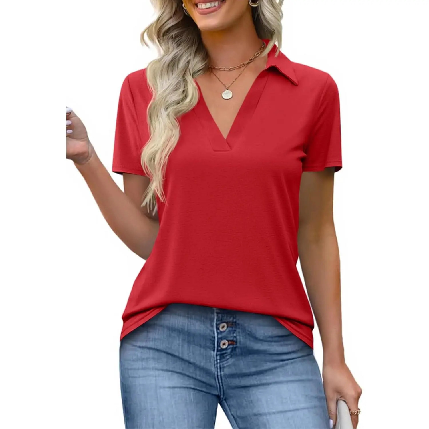 Women's Short-Sleeve Fitted Minimalist Lightweight Polyester V-Neck Collared Polo Shirts - Business