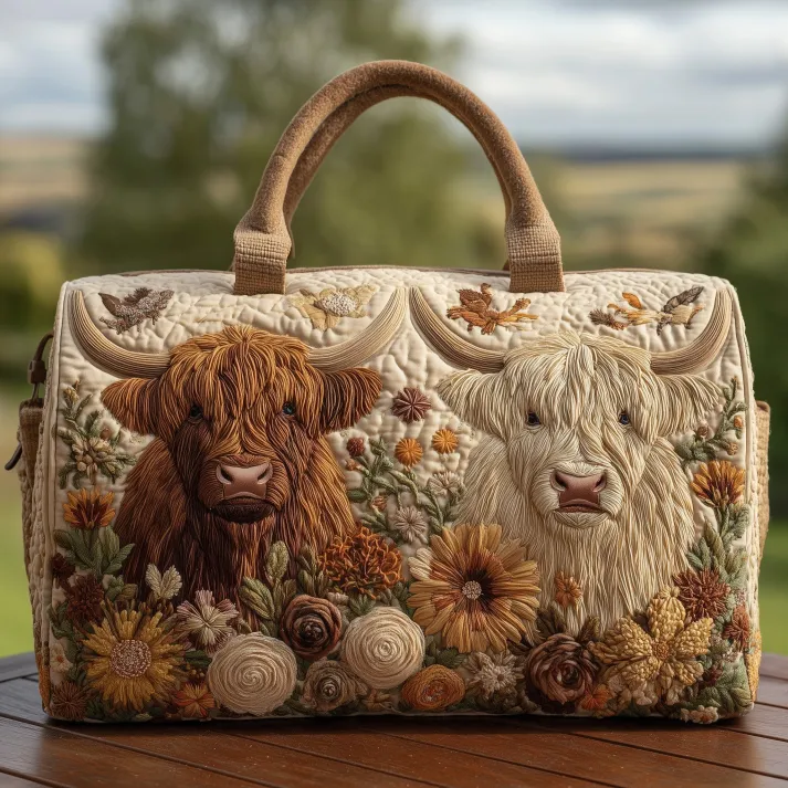 Twin Highland Cows Floral Quilted Duffle Bag 🐮🍂🌼