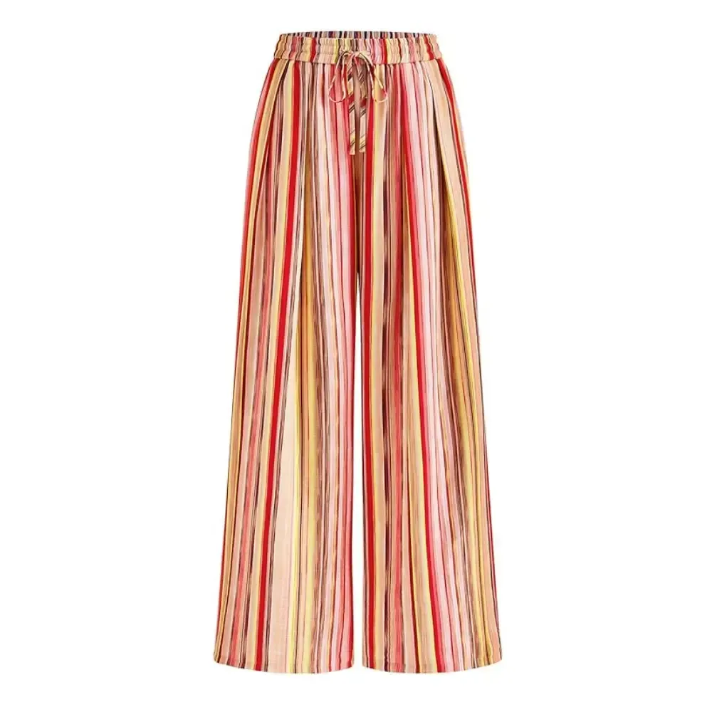 Women's Pants Elastic Waist Striped Lightweight Palazzo Trousers With Pockets Casual Lounge Wide Leg Bottoms