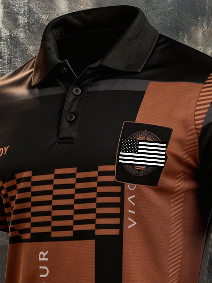 Men's Retro Patriotic Color-Block Short-Sleeve Polo Shirt