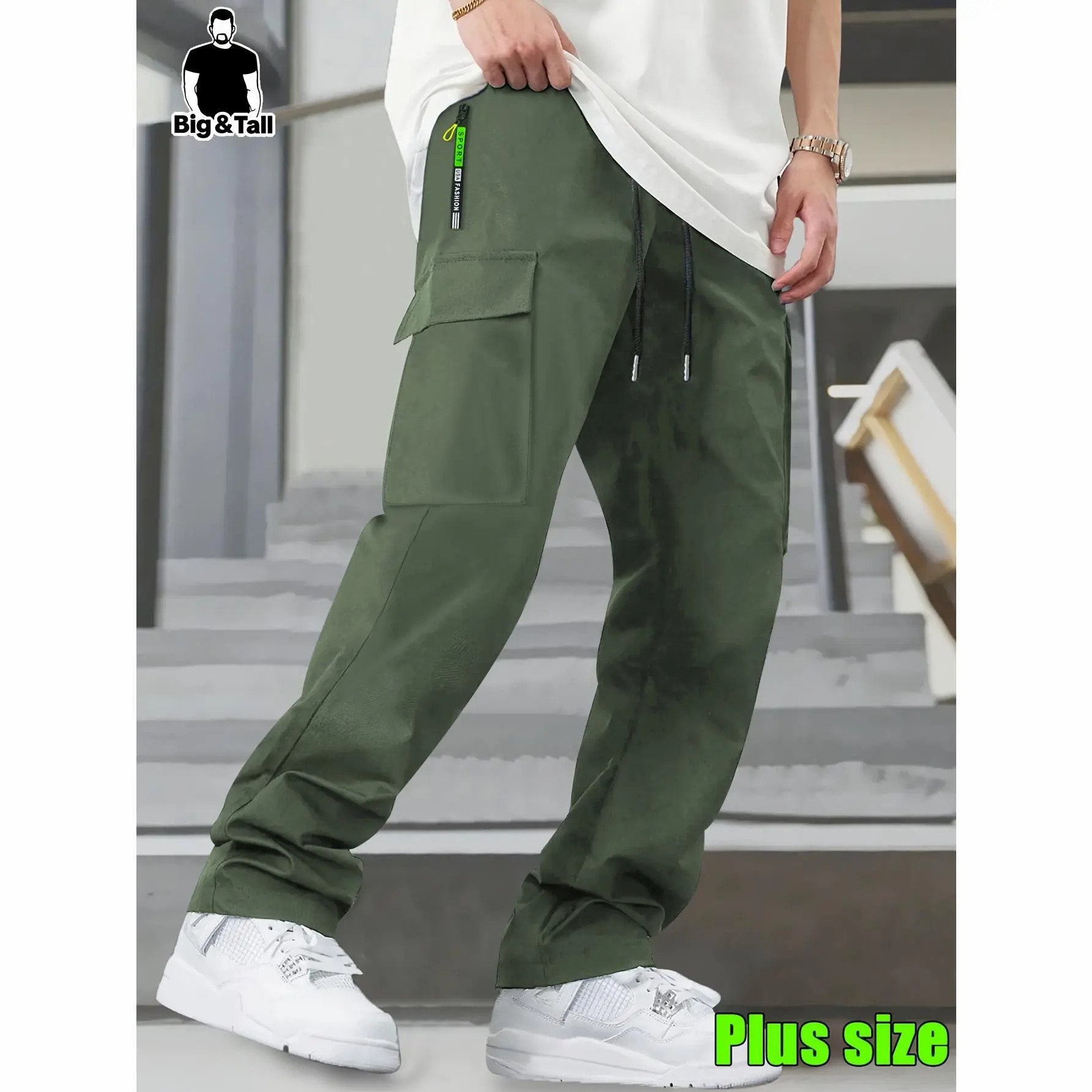 Men's Big & Tall Loose Cargo Pants – Elastic Drawstring Waist, Multi-Pocket, Breathable Streetwear Trousers