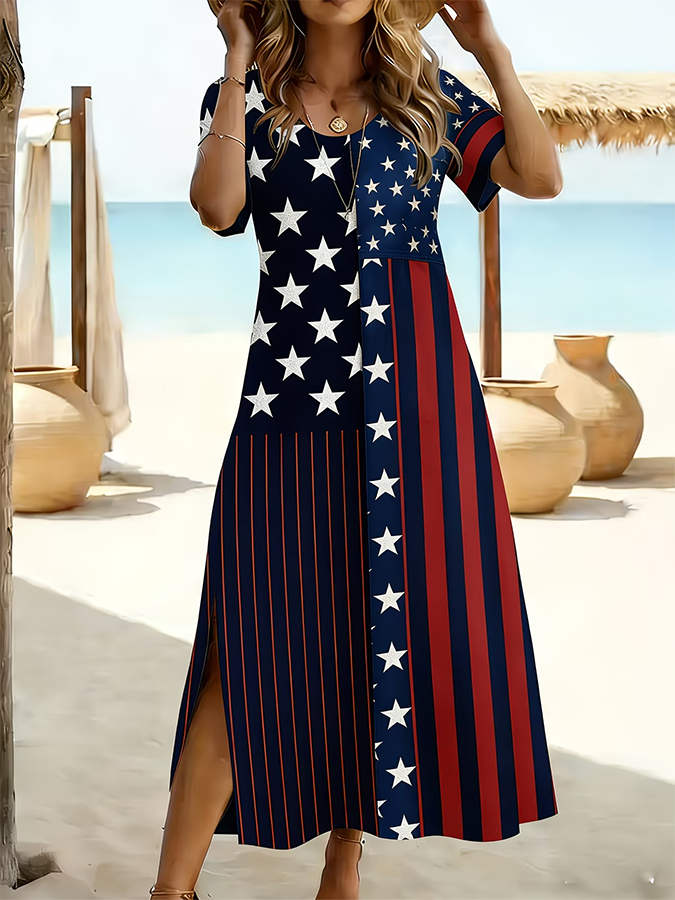Women's Independence Day (National Flag) Short Sleeved Round Neck Printed Dress