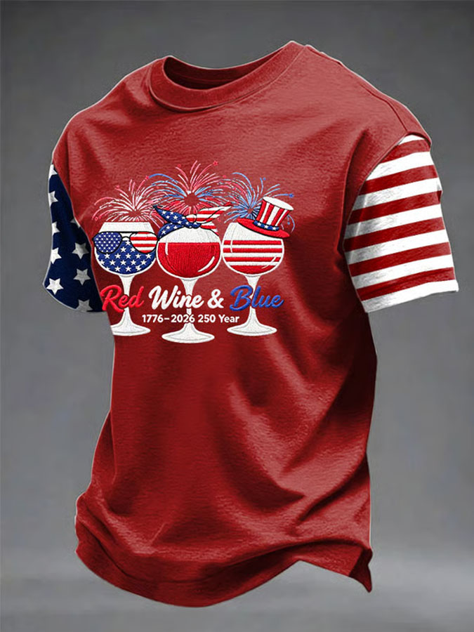 Men's Retro 1776–2026 250 Year Red Wine & Blue Printed Top