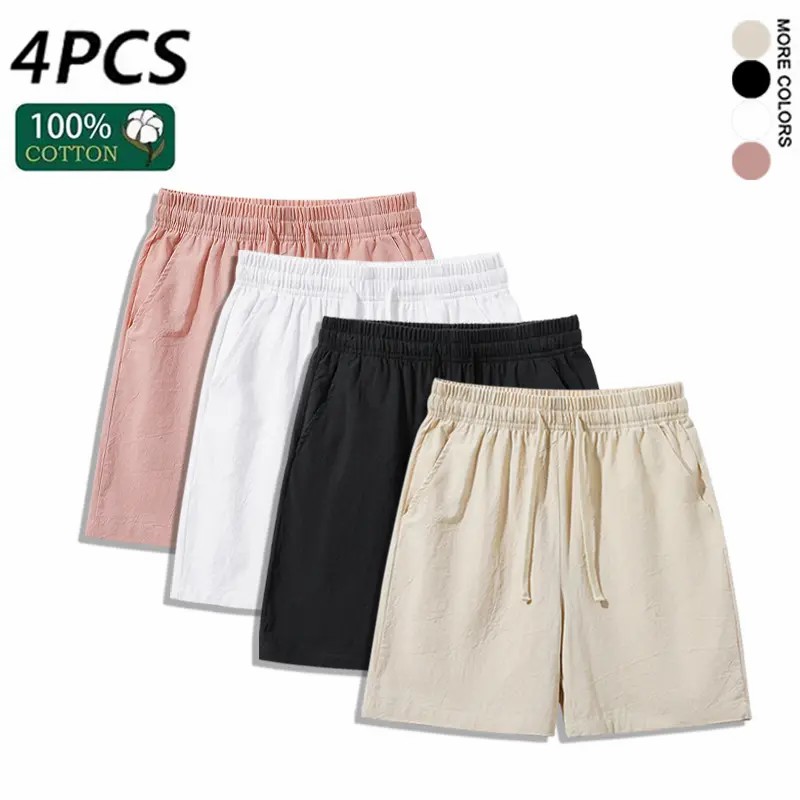 Unisex 4-Pack Premium Cotton Linen Casual Beach Shorts
