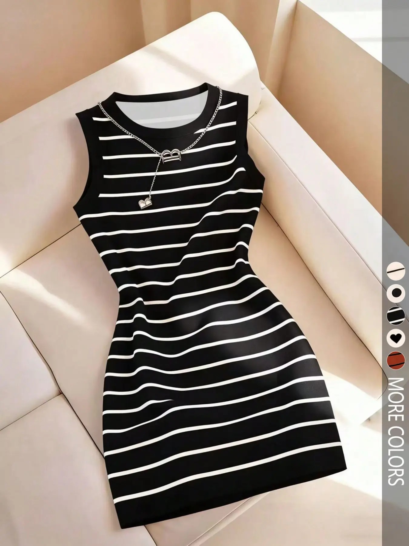 Sleeveless Striped Bodycon Dress – Round Neck, Fitted, Spring/Summer Style