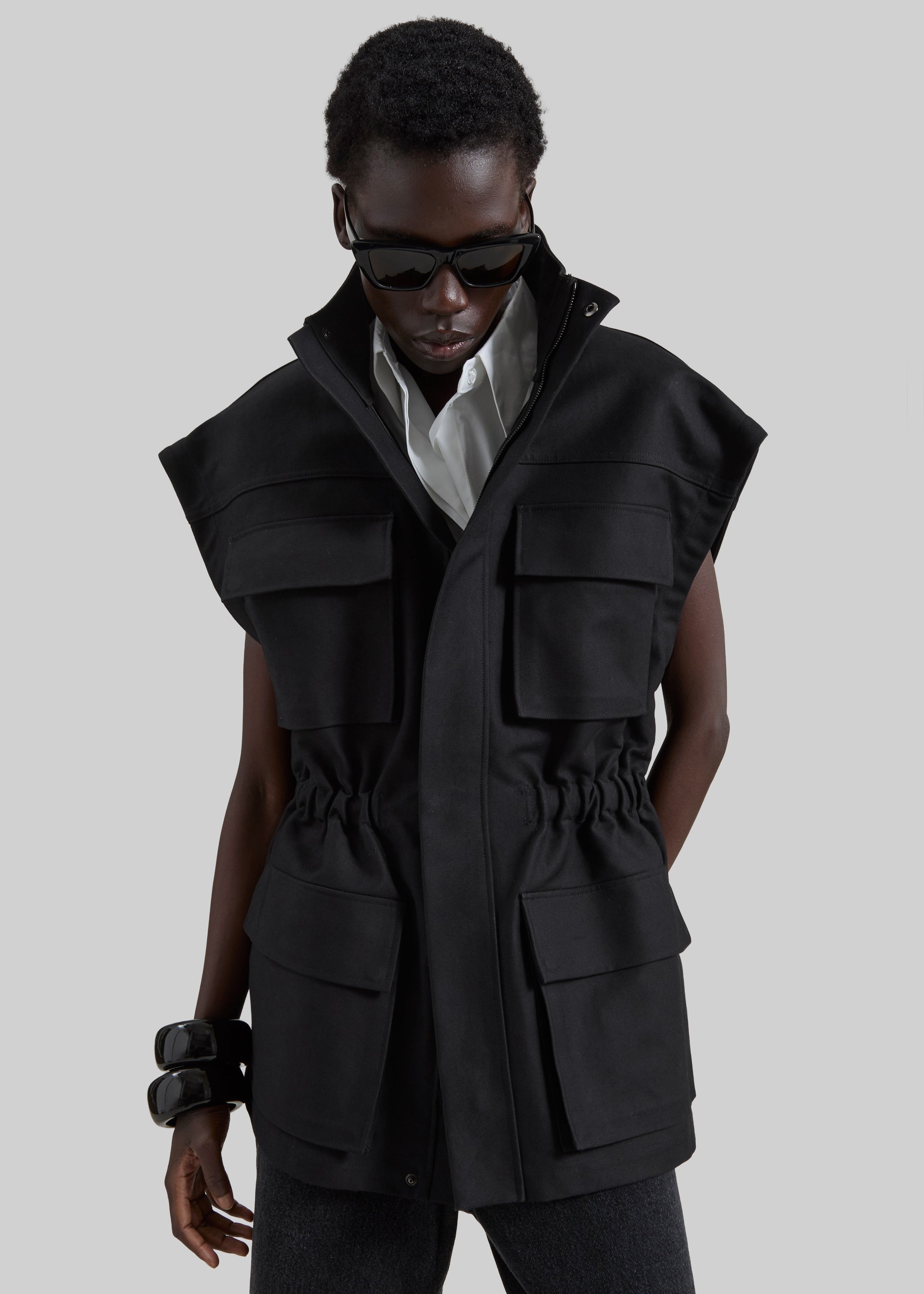 Melton Detachable Sleeve Cargo Jacket - Black
