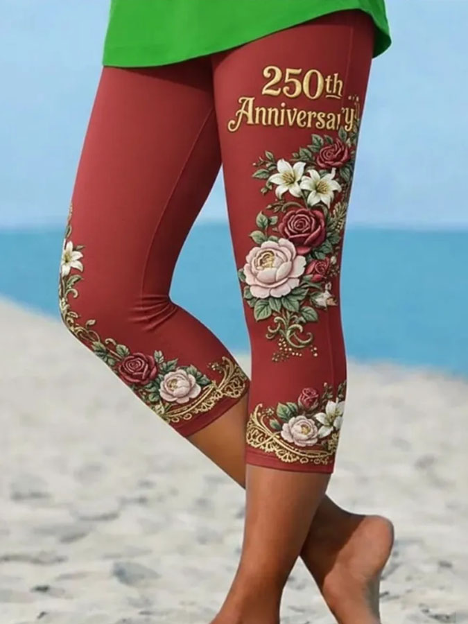 Women's American Flag Floral Print Casual Leggings