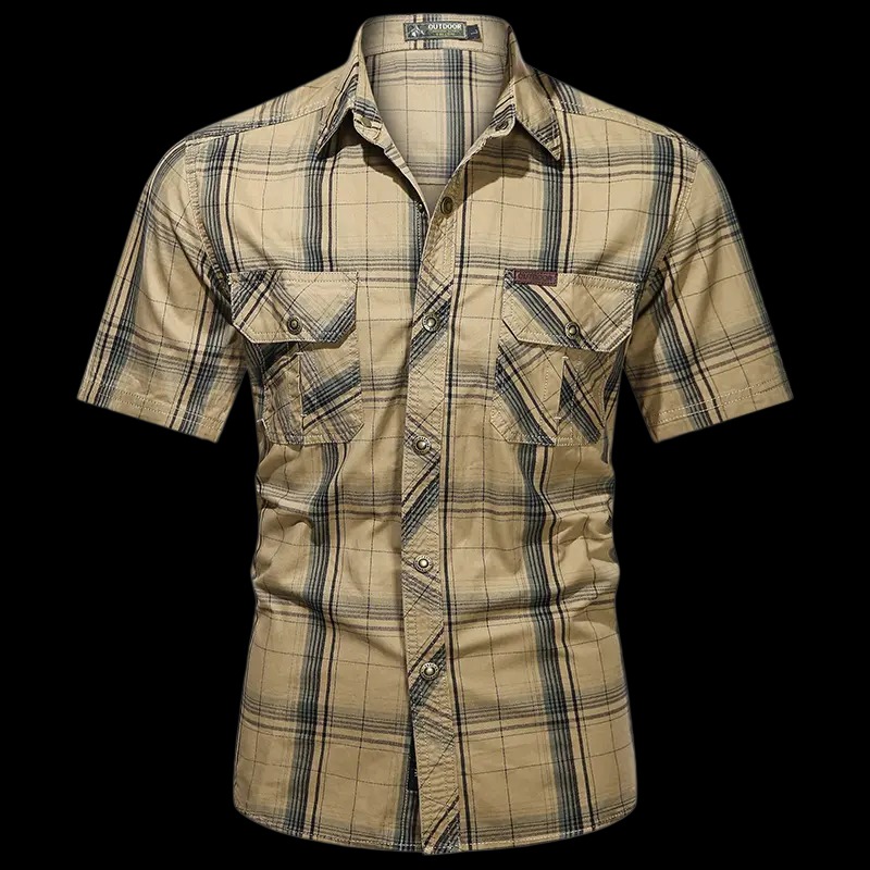 Men’s summer 100% cotton plaid short-sleeve shirt, breathable skin-friendly fabric
