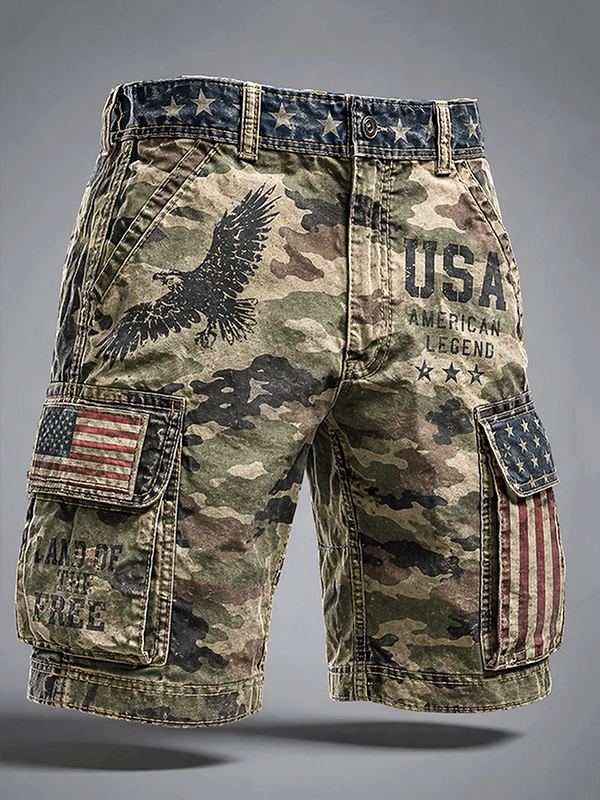 Men's Retro American Flag And Eagle Camouflage Art Print Casual Shorts