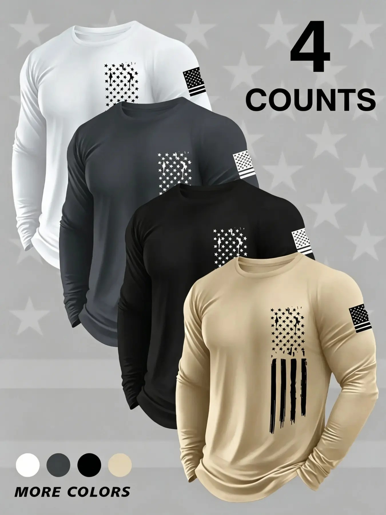 4-Pack Men's Flag Print Long Sleeve Shirts – Quick Dry Stretch Athletic Tops
