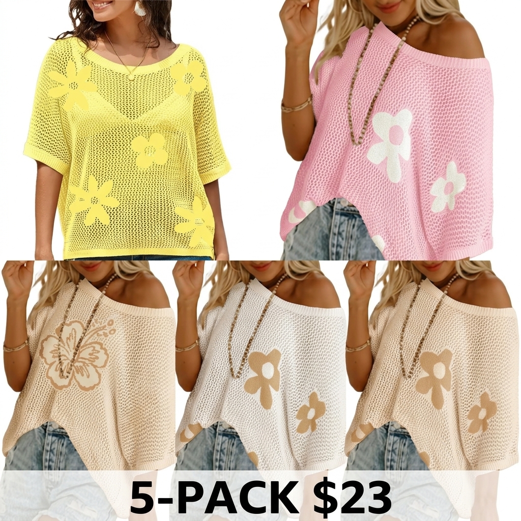 Women's Floral Crochet Sweater – Short Sleeve Lightweight Knit Beach Cover Up