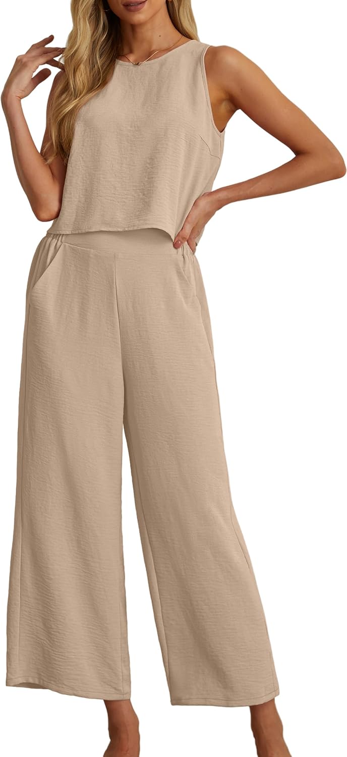 Women's Summer 2 Piece Outfits Set Round neck Sleeveless Tank Crop Top Wide Leg pants Set Pockets Jumpsuits
