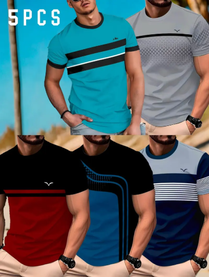 Men's Fashion & Casual Striped Short-Sleeve T-Shirt 5-Piece Set — Breathable & Quick-Drying