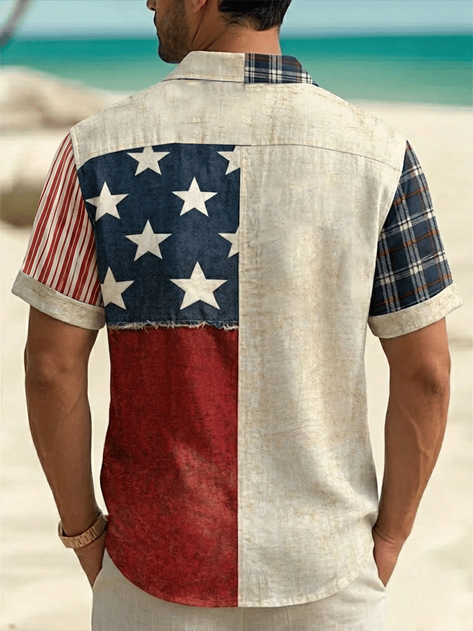 Men's Casual Flag Independence Day Print Pockets Shirt